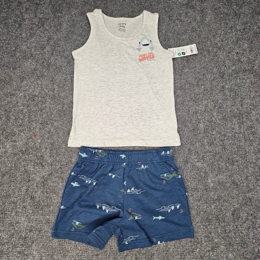 Carter's Boys 2pc Outfit Shark Tank Top Shorts Set Gray Blue 4T